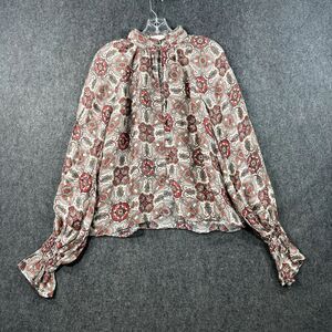 Ramy Brook Blouse Women's Medium Red Paisley Print Balloon Sleeve Silk Mock Neck